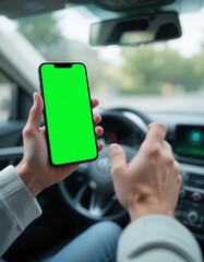 Hands holding a smartphone with a green mock-up screen inside a car, with a sharp foreground and blurred background, symbolizing technology and mobility.