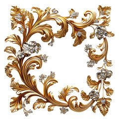 Golden ornate frame with floral design and diamonds.