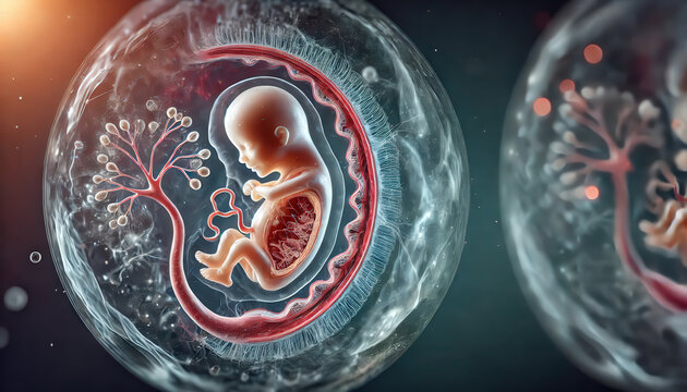 Visualization of human embryonic development within the amniotic sac in a digital representation showcasing early stages of life