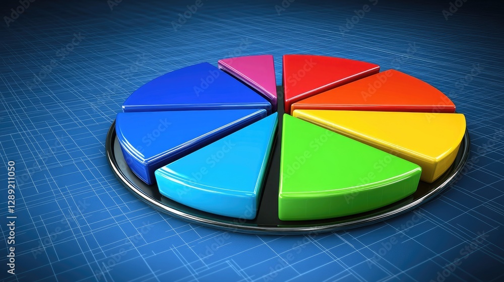 Poster a dynamic d pie chart with rotating slices in bright colors, illustrating different data categories.
