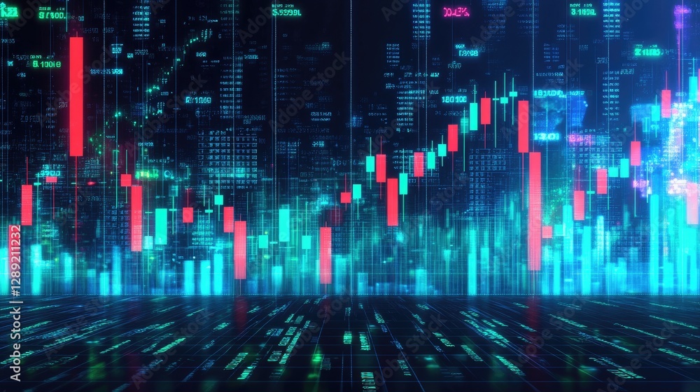 Poster a dynamic stock chart with green and red candlesticks showing market fluctuations, overlaid on a dar