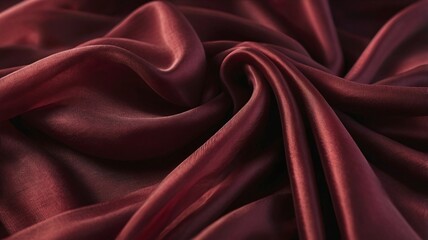 Fototapeta premium Dark red silk fabric. Delicate crimson tissue texture, rich ruby rose dress textile. Luxurious pleated wine chiffon clothing, burgundy 3d abstract waves, flowing dunes background 