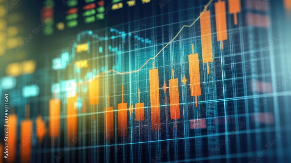 Poster a dynamic stock market chart with colorful lines and rising bars, representing bullish trends. the b