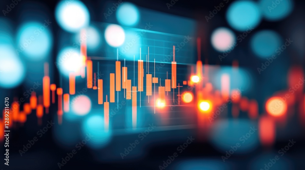 Poster a financial trader analyzes a stock market graph with candlestick patterns, focusing on key points o