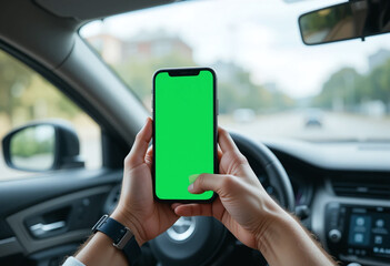 Hands holding a smartphone with a green mock-up screen inside a car, with a sharp foreground and blurred background, symbolizing technology and mobility.