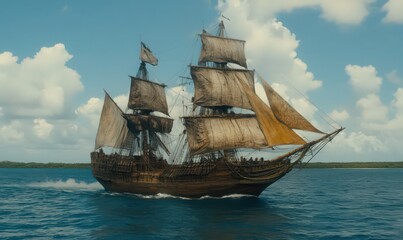 A majestic wooden sailing ship glides across a calm ocean under a partly cloudy sky. The ship's sails are billowing in the wind, and its hull is