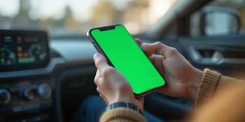 Hands holding a smartphone with a green mock-up screen inside a car, with a sharp foreground and blurred background, symbolizing technology and mobility.