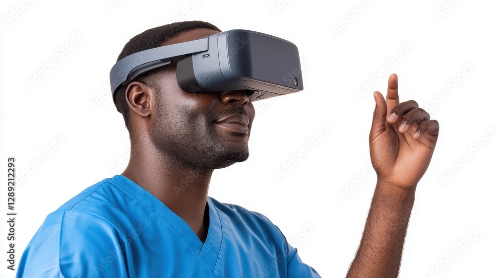 Poster man immersed in virtual reality, exploring the metaverse with advanced vr technology