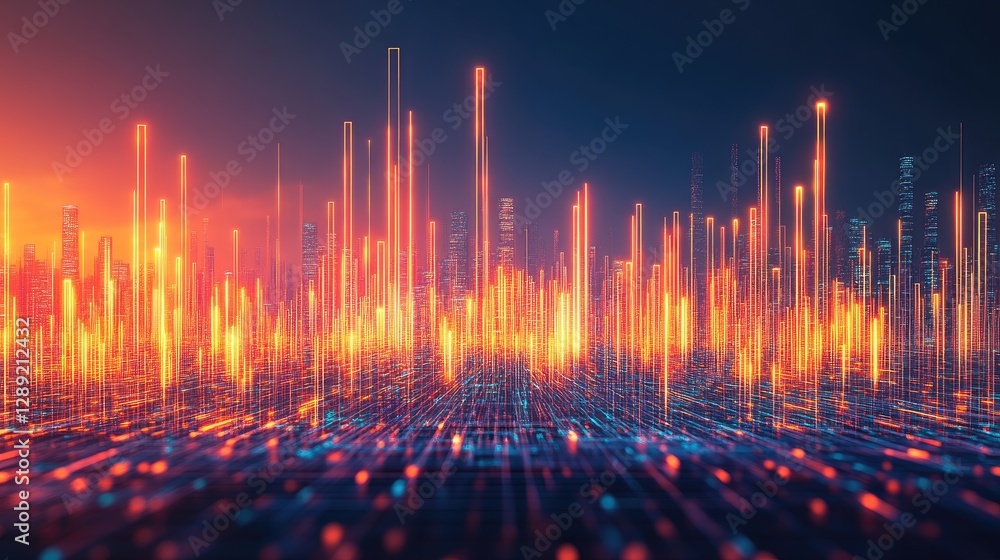 Poster a futuristic d bar chart in metallic tones, with hovering labels showing data points. the background