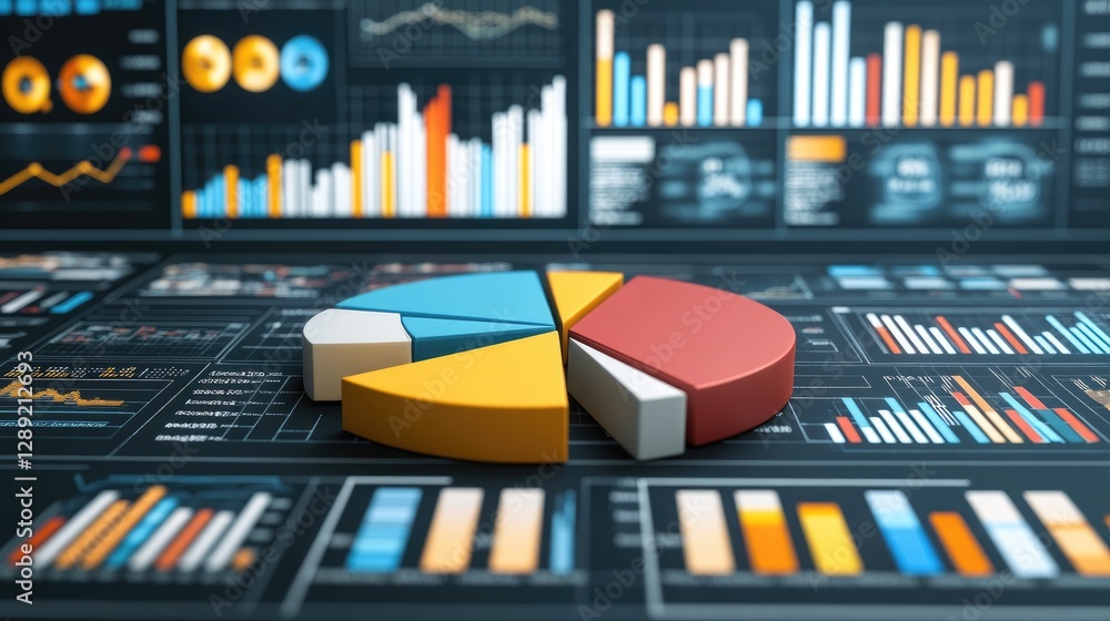 Poster a futuristic d pie chart with metallic segments, spinning in mid-air over a dark background with dig