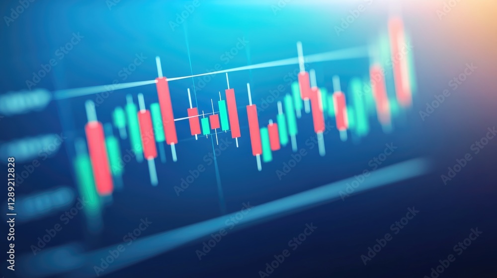 Poster a futuristic stock market graph with glowing neon candlesticks and volume bars. the background displ