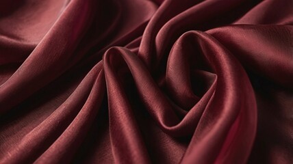 Obraz premium Dark red silk fabric. Delicate crimson tissue texture, rich ruby rose dress textile. Luxurious pleated wine chiffon clothing, burgundy 3d abstract waves, flowing dunes background 