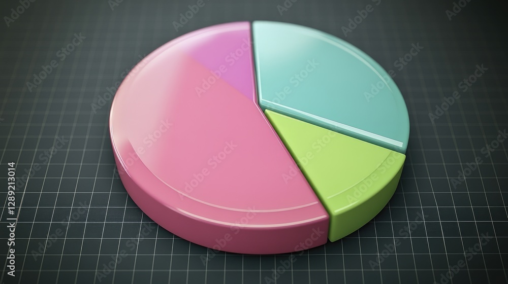 Aufkleber a glowing d pie chart with metallic tones, hovering over a dark, grid-like background. the slices ex