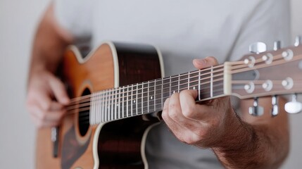 Obraz premium Man playing acoustic guitar indoors, close-up