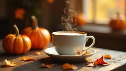 Fototapeta premium Cozy autumnal scene with steaming pumpkin spiced latte on wooden table, autumn, pumpkin, cozy