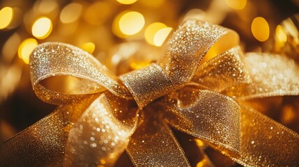 Shimmering Golden Bow with Bokeh Lights for Festive Occasion