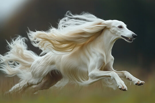 A Silken Windhound running through a field, sleek and graceful, natural setting.