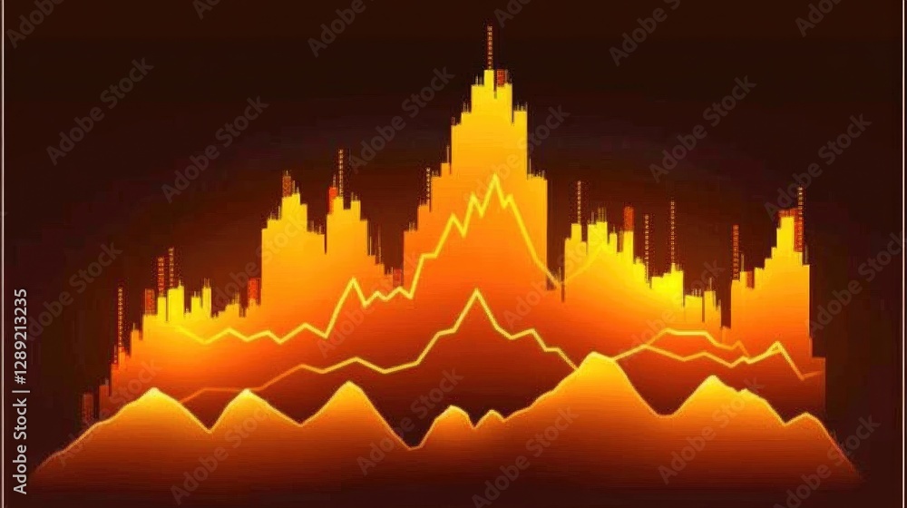 Poster a glowing d stock chart with sharp market spikes and dips, set against a dark background with bright