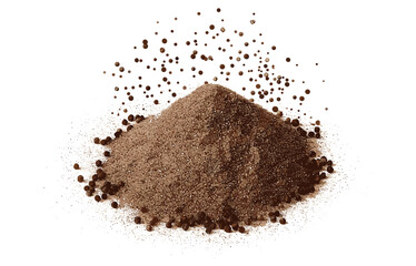 Minced black pepper, ground peppercorn pile, top view, isolated on white, macro, spices, seasoning, pepper, food photography, close-up of pepper, cooking ingredients