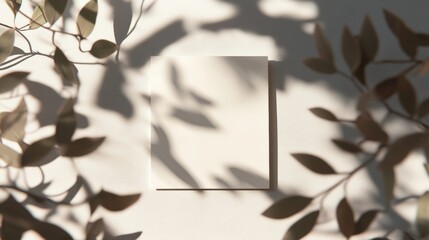 Elegant Square Business Card Mockup with Natural Leaf Shadow Overlays and Soft Lighting Accents