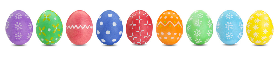 Easter eggs in different colors decorated with patterns isolated on white, set