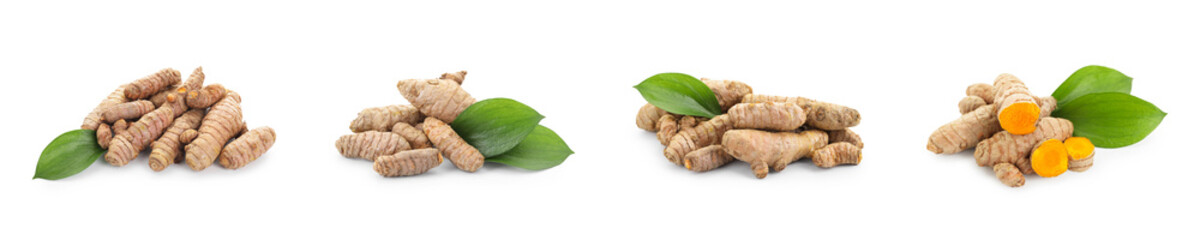 Set of turmeric roots and green leaves isolated on white