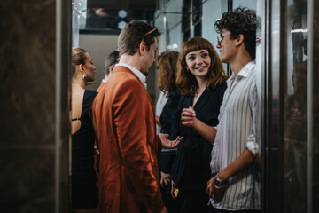 A group of young professionals engaged in casual conversation inside a modern elevator. The setting...
