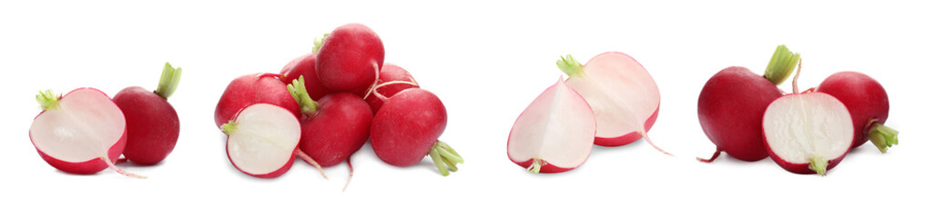 Whole and sliced fresh radishes isolated on white, set
