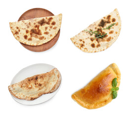 Delicious calzones isolated on white, set. Top view