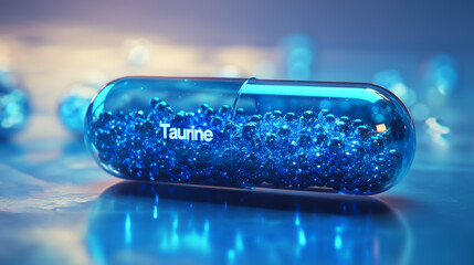 Visual representation of blue taurine supplement capsule showcasing vibrant beads inside, illuminated against a softly blurred background