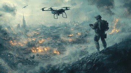 Future Warfare: Soldier and Drone Amidst a Blazing Apocalyptic Landscape