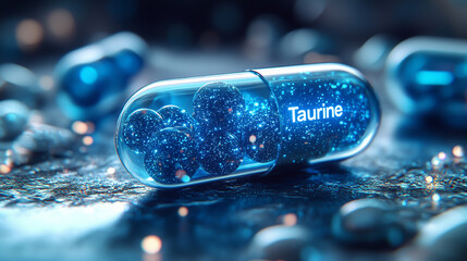 Vibrant taurine capsule with sparkling blue spheres reflecting light on a dark surface at night