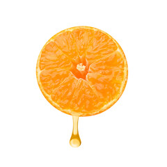 Fresh tangerine and drop of juice on white background