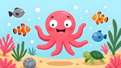 Fototapeta premium A wonderful adventure of cartoon marine life