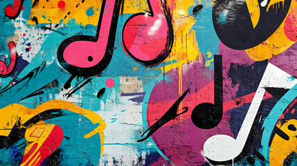 Urban street beats: graffiti wall covered in vibrant music notes and hip-hop elements. dynamic street graffiti. illustration. Vibrant Street Graffiti Wall. Illustration
