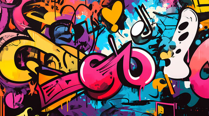 Obraz premium Urban street beats: graffiti wall covered in vibrant music notes and hip-hop elements. dynamic street graffiti. illustration. Vibrant Street Graffiti Wall. Illustration