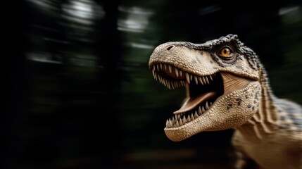 Dinosaur roaring in a dense forest setting with blurred background capturing a thrilling moment of prehistoric life