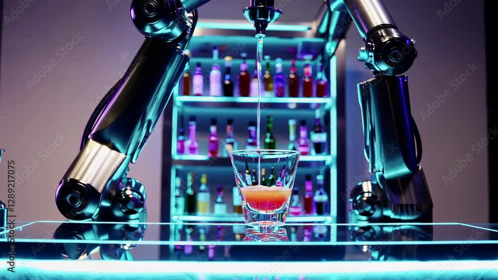 Poster Slow motion sequence showcasing a robotic arm carefully pouring orange juice into a glass on a luminous bar counter, with a backdrop of illuminated shelves stocked with various bottles