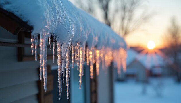 Long icicles hang from roof edge at sunset. Ice dam forming on a house. Winter roofing issues risk home damage. Snow melting on the roof. Winter weather danger.