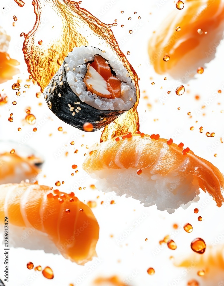 Poster fresh and colorful sushi rolls with flying ingredients surrounded by bubbles in a dynamic splashing 
