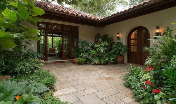 Lush tropical garden courtyard with stone pathway, wooden doors, and terracotta roof. Abundant greenery surrounds a tranquil outdoor space