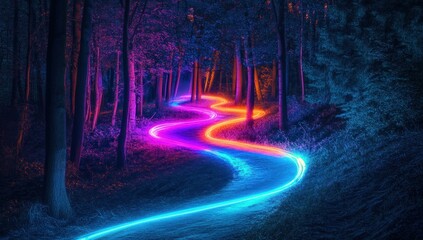 Fototapeta premium Enchanted Neon Forest Path: A Serene Nighttime Journey