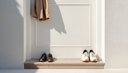 Shoes and a light trench coat neatly arranged in a minimalist hallway, ready for a spring outing.