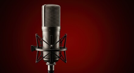 Professional microphone with stand and cable isolated on empty background for recording and broadcasting