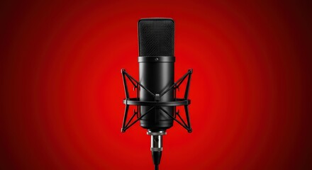 Professional microphone with stand and cable isolated on empty background for recording and broadcasting