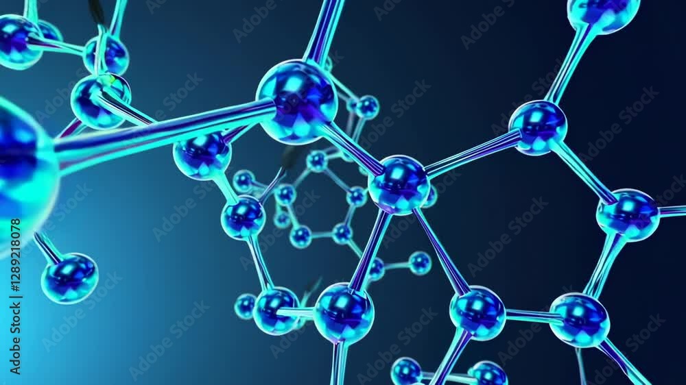 Poster Intricate blue molecular structure rotating across multiple perspectives, revealing complex scientific details against deep blue gradient backdrop