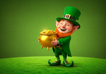 3d little redhaired leprechaun with beard wearing green costume and hat. Dwarf holds cauldron full of golden coins. Festive backdrop for St. Patrick's Day, holiday or event. Cute character. 