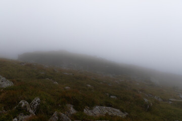 Thick fog in the evening covers the highlands, grass and stones