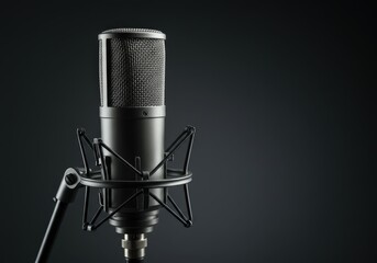 Professional microphone with stand and cable isolated on empty background for recording and broadcasting