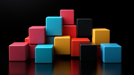 Obraz premium 3D abstract geometric blocks in varying sizes, with shadow play and soft reflections, against a solid black background